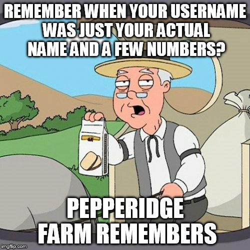 Pepperidge Farm Remembers | REMEMBER WHEN YOUR USERNAME WAS JUST YOUR ACTUAL NAME AND A FEW NUMBERS? PEPPERIDGE FARM REMEMBERS | image tagged in memes,pepperidge farm remembers | made w/ Imgflip meme maker