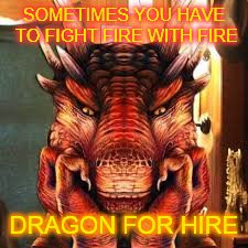 SOMETIMES YOU HAVE TO FIGHT FIRE WITH FIRE; DRAGON FOR HIRE | image tagged in red dragon,descression is the better part of valor,the enemy of my friend is my enemy | made w/ Imgflip meme maker