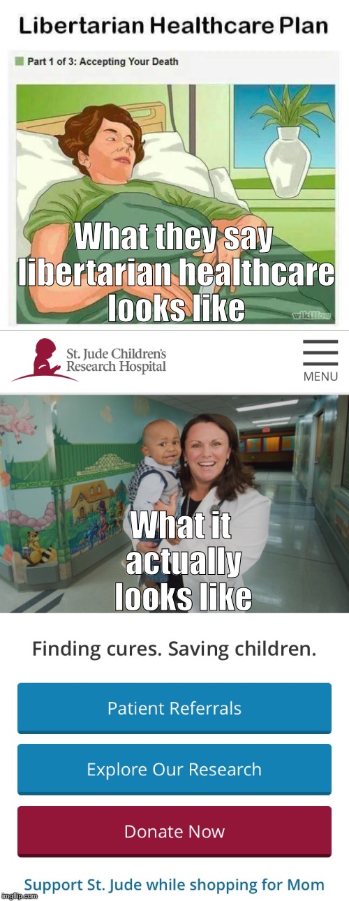 Libertarianz Healthcarez | What they say libertarian healthcare looks like; What it actually looks like | image tagged in libertarian,healthcare,anarchy | made w/ Imgflip meme maker