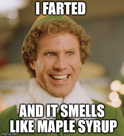 Buddy The Elf Meme | I FARTED; AND IT SMELLS LIKE MAPLE SYRUP | image tagged in memes,buddy the elf | made w/ Imgflip meme maker