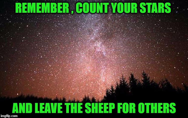 Night Sky | REMEMBER , COUNT YOUR STARS; AND LEAVE THE SHEEP FOR OTHERS | image tagged in night sky | made w/ Imgflip meme maker