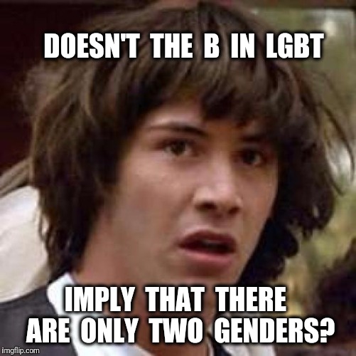 Gender Logic |  DOESN'T  THE  B  IN  LGBT; IMPLY  THAT  THERE  ARE  ONLY  TWO  GENDERS? | image tagged in memes,conspiracy keanu,gender,lgbt,lgbtq | made w/ Imgflip meme maker