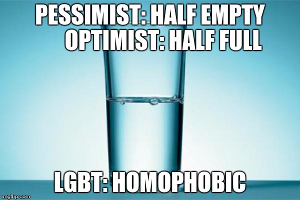 Glass Half Full | PESSIMIST: HALF EMPTY      OPTIMIST: HALF FULL; LGBT: HOMOPHOBIC | image tagged in glass half full | made w/ Imgflip meme maker