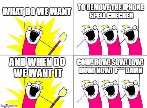 What Do We Want | WHAT DO WE WANT; TO REMOVE THE IPHONE SPELL CHECKER; COW! ROW! SOW! LOW! DOW! NOW! 
F*** DAMN; AND WHEN DO WE WANT IT | image tagged in memes,what do we want | made w/ Imgflip meme maker