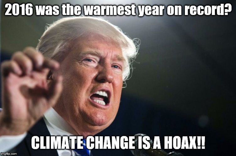 donald trump | 2016 was the warmest year on record? CLIMATE CHANGE IS A HOAX!! | image tagged in donald trump | made w/ Imgflip meme maker