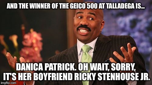 And the winner is Danica Patrick Oh wait sorry It's Ricky Stenhouse Jr | AND THE WINNER OF THE GEICO 500 AT TALLADEGA IS... DANICA PATRICK. OH WAIT, SORRY, IT'S HER BOYFRIEND RICKY STENHOUSE JR. | image tagged in memes,steve harvey,danica patrick,ricky stenhouse jr,nascar | made w/ Imgflip meme maker