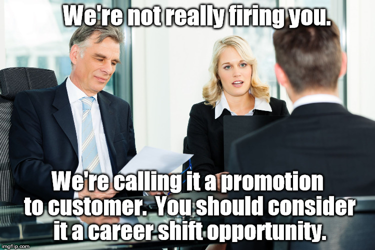 Y'all got any more of those euphemisms? | We're not really firing you. We're calling it a promotion to customer.  You should consider it a career shift opportunity. | image tagged in job interview,memes,meme | made w/ Imgflip meme maker