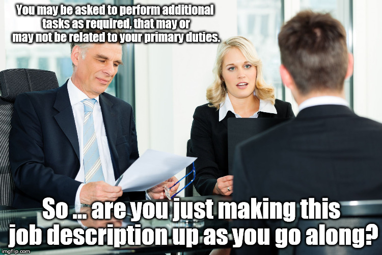 Why have a job description if you're not going to accurately describe it? | You may be asked to perform additional tasks as required, that may or may not be related to your primary duties. So ... are you just making this job description up as you go along? | image tagged in job interview,memes,meme | made w/ Imgflip meme maker