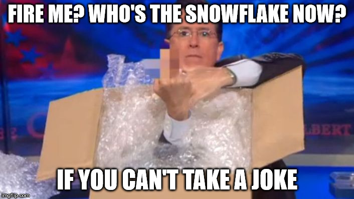 FIRE ME? WHO'S THE SNOWFLAKE NOW? IF YOU CAN'T TAKE A JOKE | image tagged in colbert finger | made w/ Imgflip meme maker