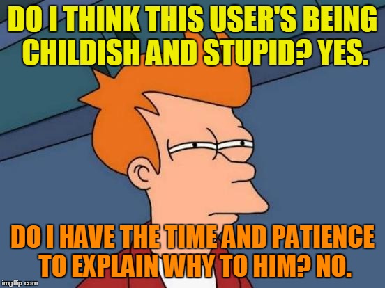Futurama Fry Meme | DO I THINK THIS USER'S BEING CHILDISH AND STUPID? YES. DO I HAVE THE TIME AND PATIENCE TO EXPLAIN WHY TO HIM? NO. | image tagged in memes,futurama fry | made w/ Imgflip meme maker