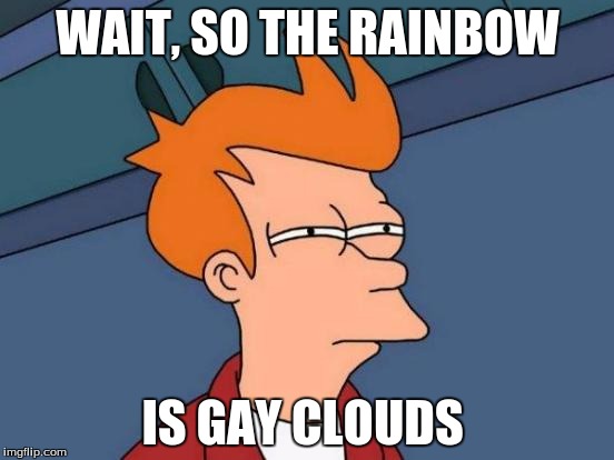 Futurama Fry | WAIT, SO THE RAINBOW; IS GAY CLOUDS | image tagged in memes,futurama fry | made w/ Imgflip meme maker