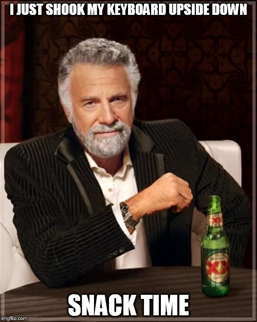 The Most Interesting Man In The World | I JUST SHOOK MY KEYBOARD UPSIDE DOWN; SNACK TIME | image tagged in memes,the most interesting man in the world | made w/ Imgflip meme maker