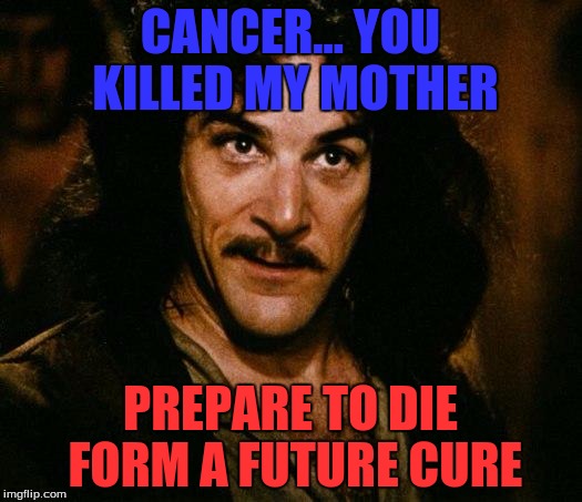 This is to people who make cancer jokes... just stop those damn jokes... | CANCER... YOU KILLED MY MOTHER; PREPARE TO DIE FORM A FUTURE CURE | image tagged in memes,inigo montoya,stop the cancer jokes | made w/ Imgflip meme maker