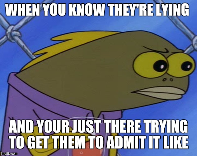 spongebobfish | WHEN YOU KNOW THEY'RE LYING; AND YOUR JUST THERE TRYING TO GET THEM TO ADMIT IT LIKE | image tagged in spongebobfish | made w/ Imgflip meme maker