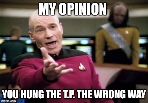 Picard Wtf Meme | MY OPINION YOU HUNG THE T.P. THE WRONG WAY | image tagged in memes,picard wtf | made w/ Imgflip meme maker