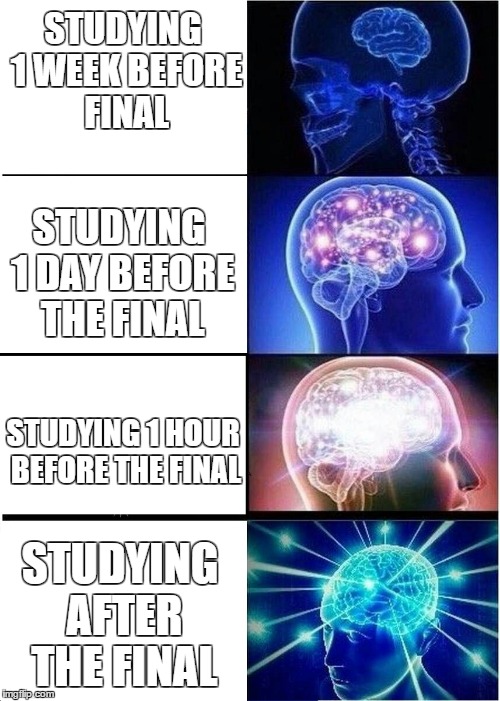 Expanding Brain | STUDYING 1 WEEK BEFORE FINAL; STUDYING 1 DAY BEFORE THE FINAL; STUDYING 1 HOUR BEFORE THE FINAL; STUDYING AFTER THE FINAL | image tagged in expanding brain | made w/ Imgflip meme maker