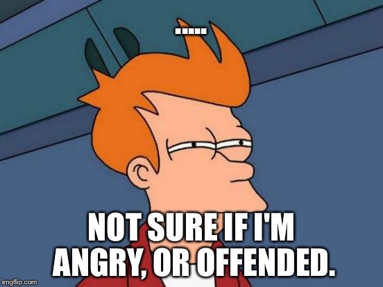 Futurama Fry Meme | ..... NOT SURE IF I'M ANGRY, OR OFFENDED. | image tagged in memes,futurama fry | made w/ Imgflip meme maker