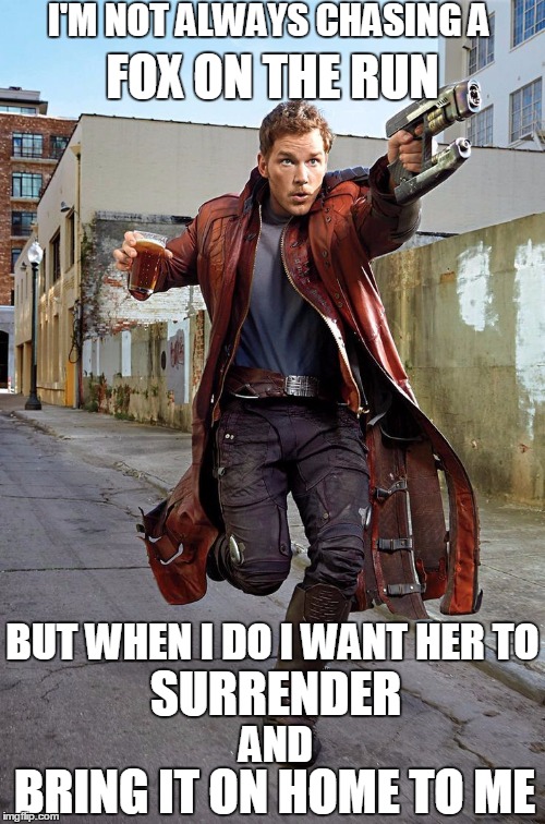 The Most Interesting Man In The Galaxy | I'M NOT ALWAYS CHASING A; FOX ON THE RUN; BUT WHEN I DO I WANT HER TO; SURRENDER; AND; BRING IT ON HOME TO ME | image tagged in guardians of the galaxy | made w/ Imgflip meme maker