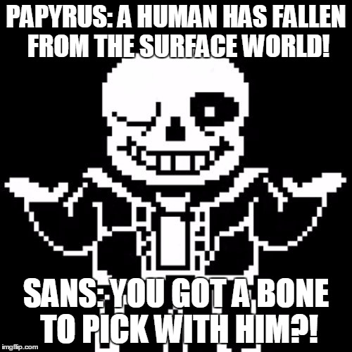 Sans | PAPYRUS: A HUMAN HAS FALLEN FROM THE SURFACE WORLD! SANS: YOU GOT A BONE TO PICK WITH HIM?! | image tagged in sans | made w/ Imgflip meme maker