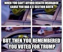 Kermit rolls up window | WHEN YOU CAN'T AFFORD HEALTH INSURANCE CAUSE YOU HAD A C-SECTION BIRTH; BUT THEN YOU REMEMBERED YOU VOTED FOR TRUMP | image tagged in kermit rolls up window | made w/ Imgflip meme maker