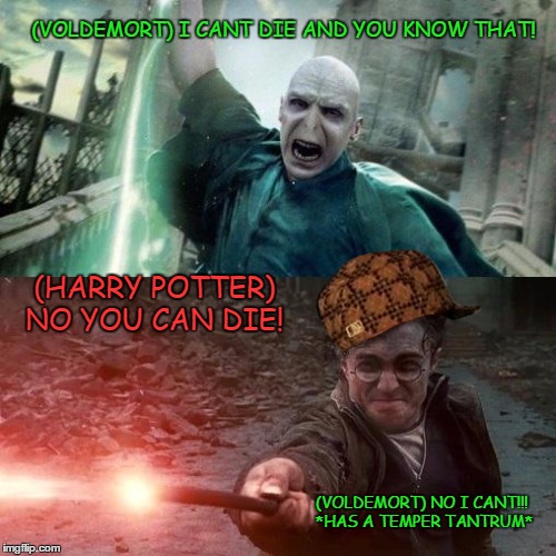 the temper is REAL | (VOLDEMORT) I CANT DIE AND YOU KNOW THAT! (HARRY POTTER) NO YOU CAN DIE! (VOLDEMORT) NO I CANT!!! *HAS A TEMPER TANTRUM* | image tagged in harry potter meme,scumbag | made w/ Imgflip meme maker