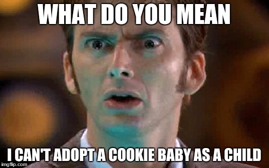 Confused David Tennant  | WHAT DO YOU MEAN; I CAN'T ADOPT A COOKIE BABY AS A CHILD | image tagged in confused david tennant | made w/ Imgflip meme maker