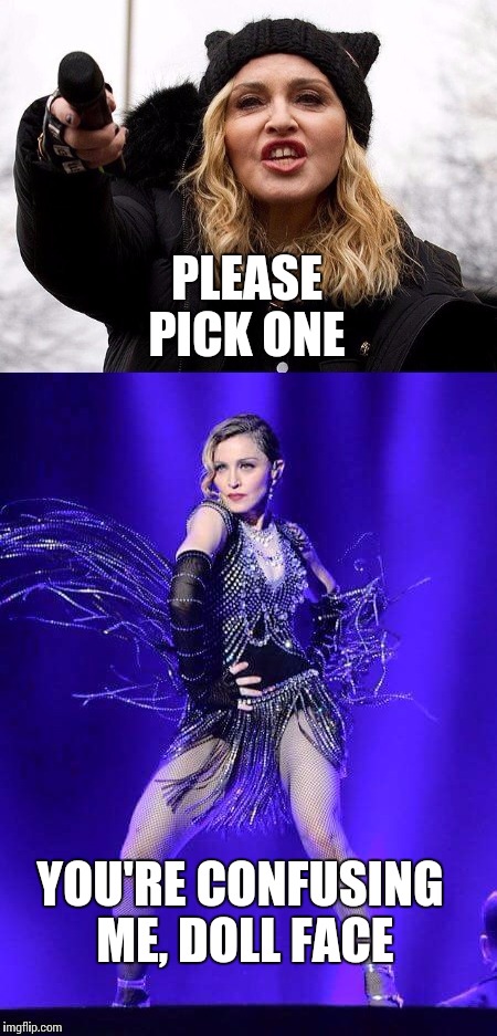 One or the other, love muffin | PLEASE PICK ONE; YOU'RE CONFUSING ME, DOLL FACE | image tagged in madonna | made w/ Imgflip meme maker