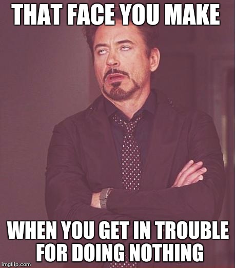 Face You Make Robert Downey Jr | THAT FACE YOU MAKE; WHEN YOU GET IN TROUBLE FOR DOING NOTHING | image tagged in memes,face you make robert downey jr | made w/ Imgflip meme maker