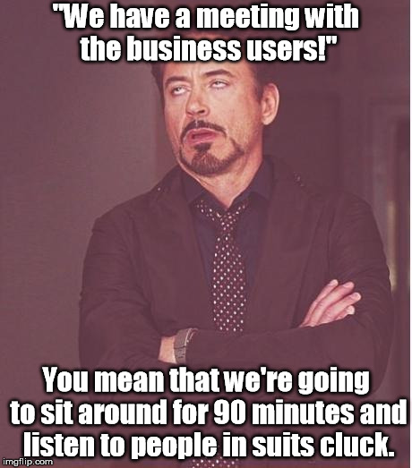 Because people in I.T. have nothing better to do with their time. | "We have a meeting with the business users!"; You mean that we're going to sit around for 90 minutes and listen to people in suits cluck. | image tagged in memes,face you make robert downey jr | made w/ Imgflip meme maker