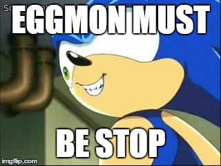 Derp sonic | EGGMON MUST; BE STOP | image tagged in derp sonic | made w/ Imgflip meme maker