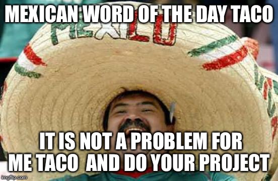 Happy Mexican | MEXICAN WORD OF THE DAY TACO; IT IS NOT A PROBLEM FOR ME TACO  AND DO YOUR PROJECT | image tagged in happy mexican | made w/ Imgflip meme maker