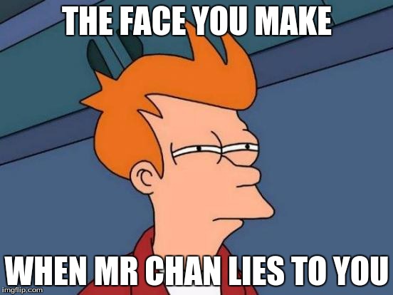 Futurama Fry Meme | THE FACE YOU MAKE; WHEN MR CHAN LIES TO YOU | image tagged in memes,futurama fry,meme,funny memes,savage,pie charts | made w/ Imgflip meme maker