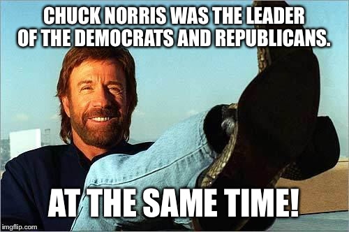 Chuck Norris Says | CHUCK NORRIS WAS THE LEADER OF THE DEMOCRATS AND REPUBLICANS. AT THE SAME TIME! | image tagged in chuck norris says | made w/ Imgflip meme maker
