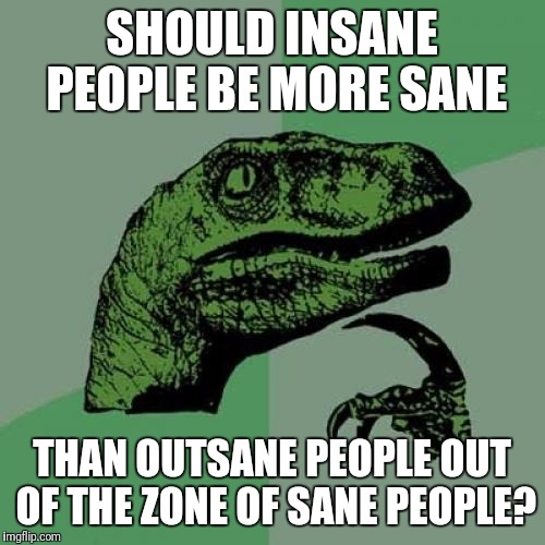 Philosoraptor | SHOULD INSANE PEOPLE BE MORE SANE; THAN OUTSANE PEOPLE OUT OF THE ZONE OF SANE PEOPLE? | image tagged in memes,philosoraptor | made w/ Imgflip meme maker