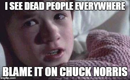 I See Dead People Meme | I SEE DEAD PEOPLE EVERYWHERE; BLAME IT ON CHUCK NORRIS | image tagged in memes,i see dead people | made w/ Imgflip meme maker