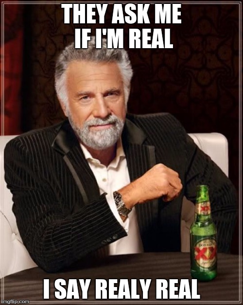 The Most Interesting Man In The World | THEY ASK ME IF I'M REAL; I SAY REALY REAL | image tagged in memes,the most interesting man in the world | made w/ Imgflip meme maker