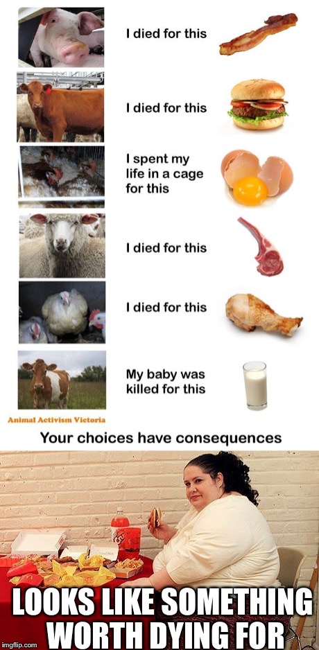 LOOKS LIKE SOMETHING WORTH DYING FOR | image tagged in vegan,fat people,food,memes | made w/ Imgflip meme maker