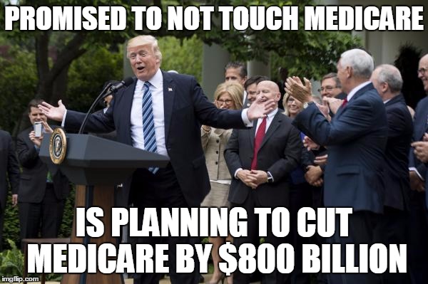 PROMISED TO NOT TOUCH MEDICARE; IS PLANNING TO CUT MEDICARE BY $800 BILLION | image tagged in politics,medicare | made w/ Imgflip meme maker