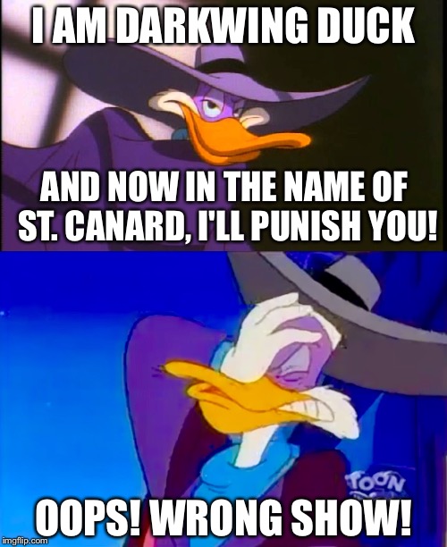 Darkwing Moon. | I AM DARKWING DUCK; AND NOW IN THE NAME OF ST. CANARD, I'LL PUNISH YOU! OOPS! WRONG SHOW! | image tagged in darkwing duck,sailor moon,memes | made w/ Imgflip meme maker