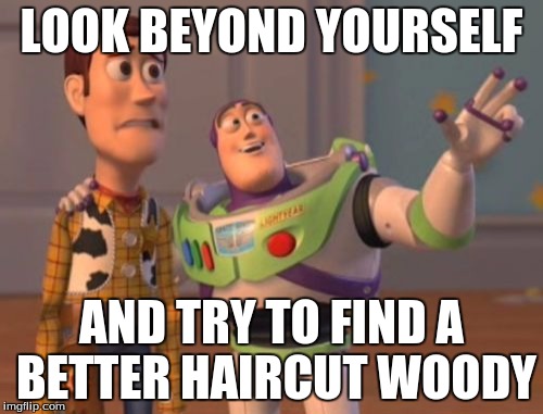 X, X Everywhere | LOOK BEYOND YOURSELF; AND TRY TO FIND A BETTER HAIRCUT WOODY | image tagged in memes,x x everywhere | made w/ Imgflip meme maker