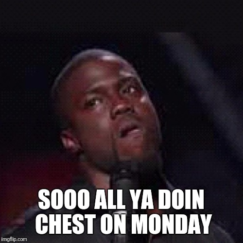 Kevin hart | SOOO ALL YA DOIN CHEST ON MONDAY | image tagged in kevin hart | made w/ Imgflip meme maker