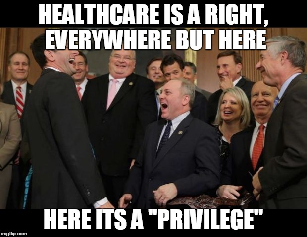 Republicans Senators laughing | HEALTHCARE IS A RIGHT, EVERYWHERE BUT HERE; HERE ITS A "PRIVILEGE" | image tagged in republicans senators laughing | made w/ Imgflip meme maker