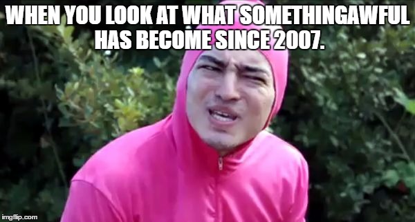 Pink Guy WTF | WHEN YOU LOOK AT WHAT SOMETHINGAWFUL HAS BECOME SINCE 2007. | image tagged in memes,pink guy wtf,something awful | made w/ Imgflip meme maker