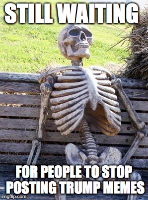 Waiting Skeleton | STILL WAITING; FOR PEOPLE TO STOP POSTING TRUMP MEMES | image tagged in memes,waiting skeleton | made w/ Imgflip meme maker