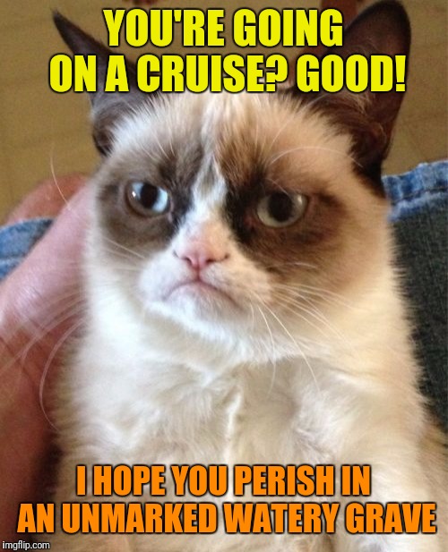 Hurry up and leave | YOU'RE GOING ON A CRUISE? GOOD! I HOPE YOU PERISH IN AN UNMARKED WATERY GRAVE | image tagged in memes,grumpy cat,socrates,cruise | made w/ Imgflip meme maker