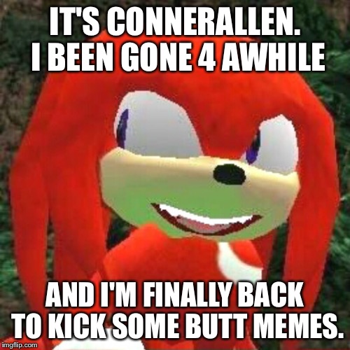 The face you make Knuckles | IT'S CONNERALLEN. I BEEN GONE 4 AWHILE; AND I'M FINALLY BACK TO KICK SOME BUTT MEMES. | image tagged in the face you make knuckles | made w/ Imgflip meme maker