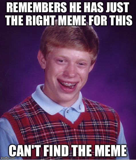 REMEMBERS HE HAS JUST THE RIGHT MEME FOR THIS CAN'T FIND THE MEME | image tagged in memes,bad luck brian | made w/ Imgflip meme maker