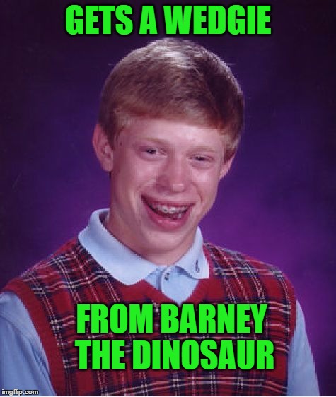 Bad Luck Brian Meme | GETS A WEDGIE FROM BARNEY THE DINOSAUR | image tagged in memes,bad luck brian | made w/ Imgflip meme maker
