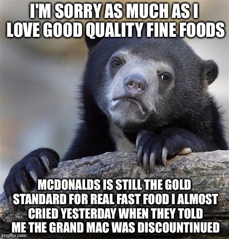 Confession Bear Meme | I'M SORRY AS MUCH AS I LOVE GOOD QUALITY FINE FOODS MCDONALDS IS STILL THE GOLD STANDARD FOR REAL FAST FOOD I ALMOST CRIED YESTERDAY WHEN TH | image tagged in memes,confession bear | made w/ Imgflip meme maker