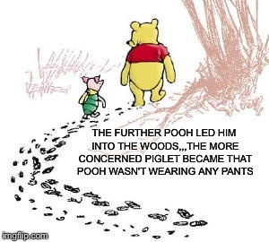 And piglet never was the same after that day | THE FURTHER POOH LED HIM INTO THE WOODS,,,THE MORE CONCERNED PIGLET BECAME THAT POOH WASN'T WEARING ANY PANTS | image tagged in memes,imgflip,pooh | made w/ Imgflip meme maker